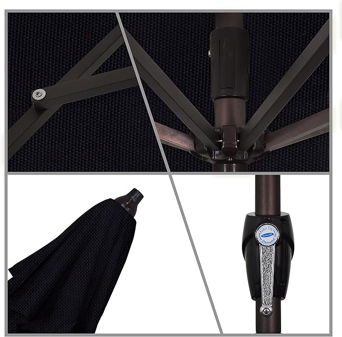 California Umbrella 7.5' Round Aluminum Outdoor Deck, Pool or Patio Umbrella, Crank Lift, Auto Tilt, Bronze Pole, Black