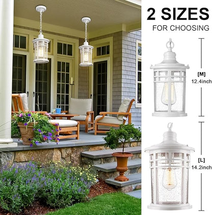 Darkaway Outdoor Pendant Lights for Porch, Outdoor Chandelier Hanging Porch Lights Ceiling Mount Aluminum with Seeded Glass for Front Porch Gazebo Patio (Medium, White)