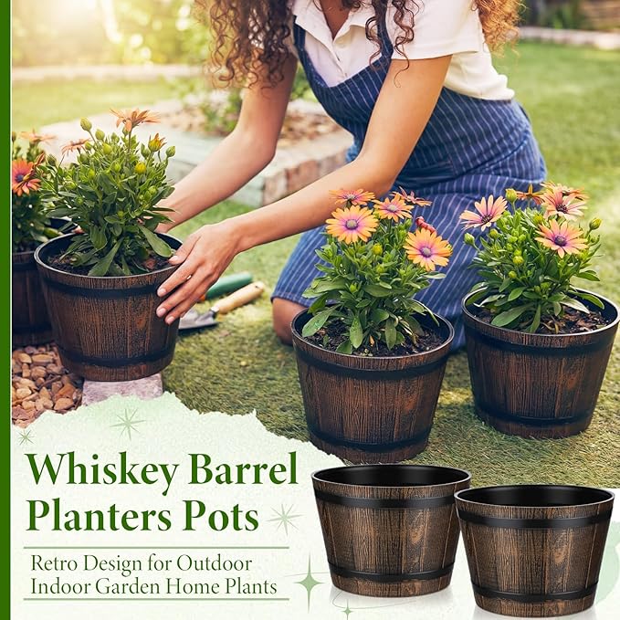 8 Pcs 9.17inch Plant Pots Whiskey Barrel Planter Flower Pot with Drainage Holes Plastic Decoration Large Flower Pots for Indoor Outdoor Plants Garden Home Plants for All Houseplants