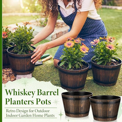8 Pcs 9.17inch Plant Pots Whiskey Barrel Planter Flower Pot with Drainage Holes Plastic Decoration Large Flower Pots for Indoor Outdoor Plants Garden Home Plants for All Houseplants