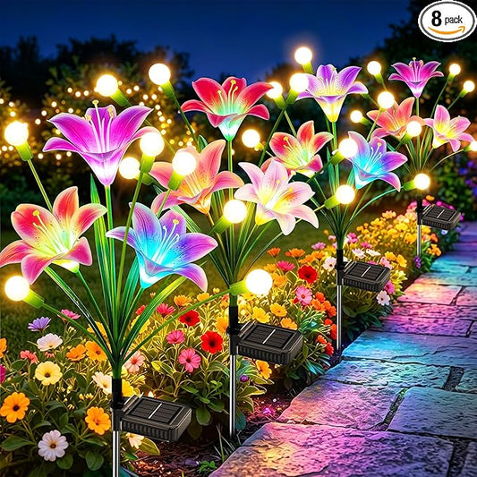 WdtPro Upgraded Solar Lights Outdoor Garden Decor: 8 Pack Solar Firefly Swaying Light with Color Changing LED Lily, Waterproof Decorative Flowers for Yard Patio Pathway Lawn, Gardening Gifts for Women