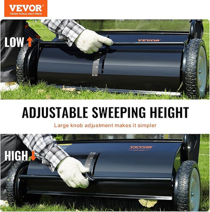 VEVOR Push Lawn Sweeper, 26 Inch Leaf & Grass Collector, Strong Rubber Wheels & Heavy Duty Thickened Steel Durable to Use with Large Capacity 7 ft³ Mesh Collection Bag, 4 Spinning Brushes
