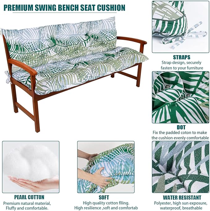 Swing Replacement Seat Cushions, 2-3 Seater Bench Cushions for Outdoor Furnitur with Backrest, Garden Recliner Seat Cushions Waterproof Sofa Pads (Green Leaves, 60x40in)