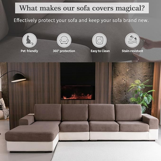 OHSIO Sectional Couch Covers, Wear Resistant Stretch Sofa Covers Washable Soft Couch Cushion Covers Anti Slip Furniture Protector Sofa Slipcovers for Pets (2 Pieces 2 Seaters Cover, Brown)