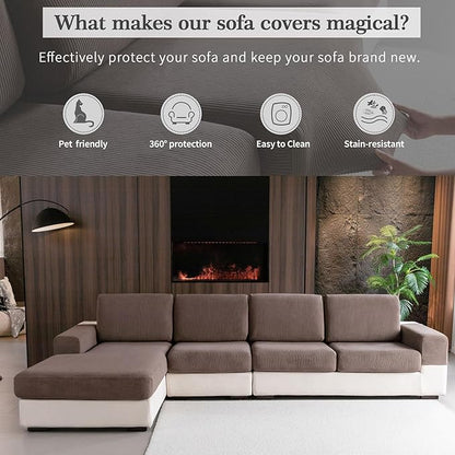 OHSIO Sectional Couch Covers, Wear Resistant Stretch Sofa Covers Washable Soft Couch Cushion Covers Anti Slip Furniture Protector Sofa Slipcovers for Pets (1 Piece Oversized Sofa Cushion, Brown)