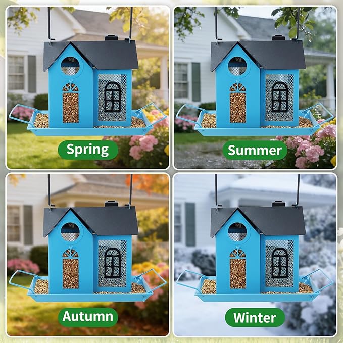 Solar Bird Feeder for Outdoors - Blue Metal Hanging Bird Feeder with Solar Light, Decorative for Wild Cardinals, Finches, Weatherproof Backyard Garden Decor Ideal Gift for Women Mom Grandma