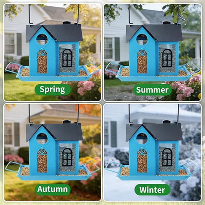 Solar Bird Feeder for Outdoors - Blue Metal Hanging Bird Feeder with Solar Light, Decorative for Wild Cardinals, Finches, Weatherproof Backyard Garden Decor Ideal Gift for Women Mom Grandma