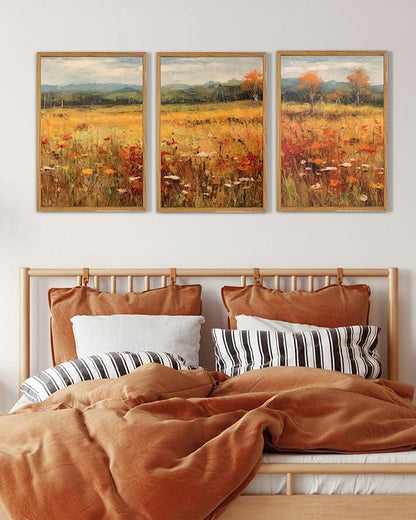 UPWOIGH Large Framed Canvas Wall Art, Set of 3 Gold Vintage Autumn Prints, 16x24 in Natural Cotton Posters with Wildflowers, Botanical Farmhouse Style for Living Room, Bedroom, Dining Room, Office