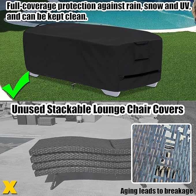 Outdoor Chaise Lounge Cover for 2-3 Stackable Chaise Lounge Chairs, Waterproof, Durable Polyester Fabric, 80 inch Patio Stackable Chaise Lounge Chairs Cover for Pool Lounge Chair Winter Storage, Black