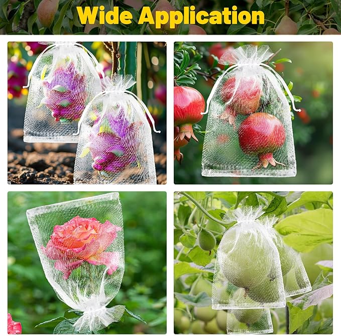50Pcs Fruit Protection Bags, White Fruit Netting Cover Bags Drawstring Mesh Fruit Protectors Barrier for Apples, Tomatoes, Fruit Trees, Veggies Garden(8x12 Inch)