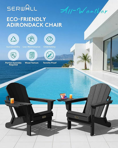 SERWALL Folding Adirondack Chair, Patio Adirondack Chairs with 4 in 1 Cup Holder Trays, All Weather Fire Pit Chair for Outdoor, Garden - Black
