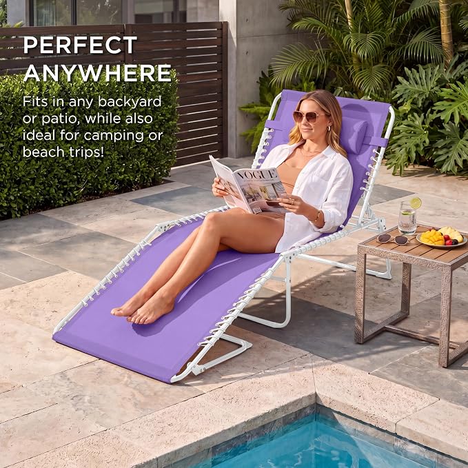 Best Choice Products Extra Wide Patio Chaise Lounge Chair, Portable Outdoor Folding Recliner for Lawn, w/ 8 Positions, Handles, 440lb Capacity - Lavender/White