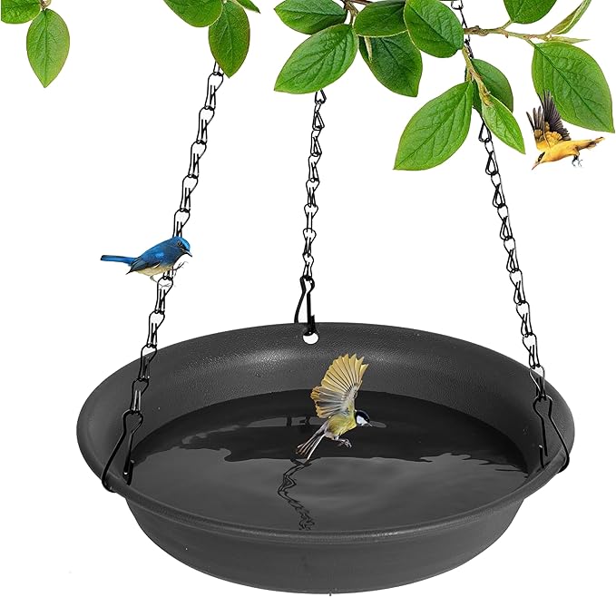 VUWEZ Hanging Bird Bath, Hanging Bird Water Feeder for Outdoors, Feeder Bowl, 1 Pack Birdbath Tray Accessories for Outside, Plastic Birdbaths Tray for Garden Patio Decoration (12", Dark Black)
