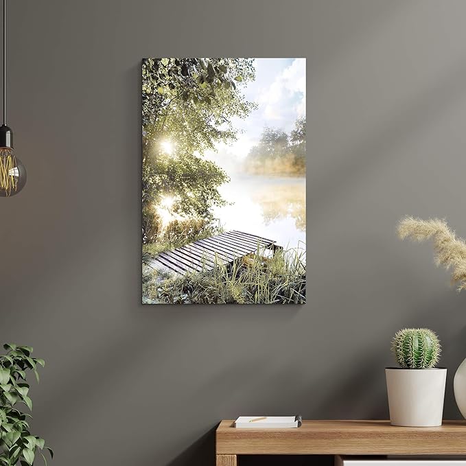 Lake Landscape Canvas Wall Art: Sunrise Nature Scenery Picture Vertical Pier Painting Print Artwork Living Room Bedroom Decor