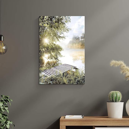 Lake Landscape Canvas Wall Art: Sunrise Nature Scenery Picture Vertical Pier Painting Print Artwork Living Room Bedroom Decor