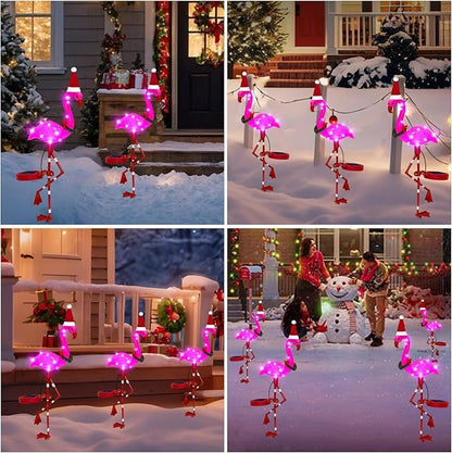 Solar Outdoor Lights Christmas Decor, Solar Xmas Flamingo Lights Waterproof Garden Decor, Flamingo Stake Lights for Yard Pathway Patio Festive Decoration-2 Pack