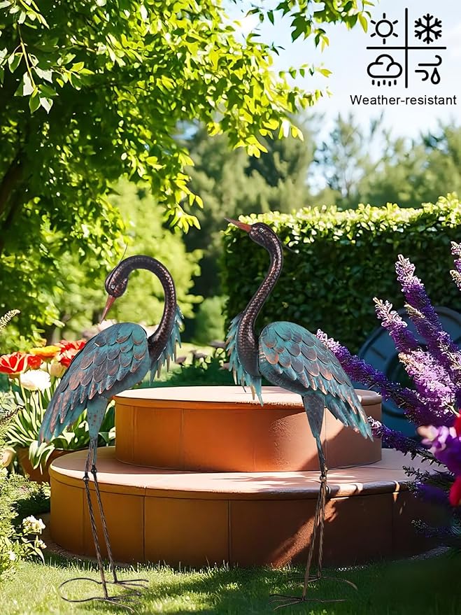 YEAHOME Garden Decor Outdoor Statues, 40"/37" Large Metal Heron Standing Yard Art, Blue Crane Lawn Sculptures Garden Decor for Outside Patio Porch Backyard, Set of 2
