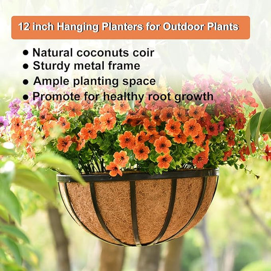 12 Inch Black Flat Iron Metal Hanging Planter Basket with Coco Coir Liner(4 Pack) Hanging Planters for Outdoor Plants Hanging Baskets for Plants Flower Pots for Deck Patio Porch Garden Balcony