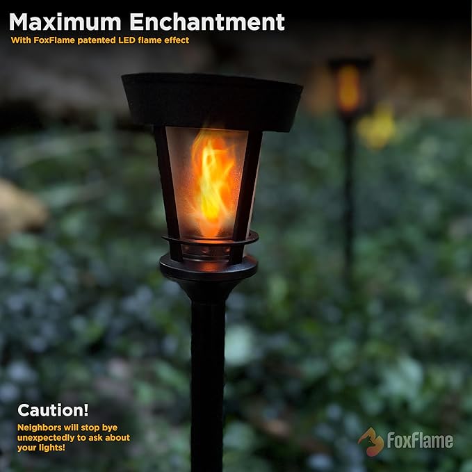 Classic Solar Path Torch - Elegant Flickering Flame Effect with Patented LED, IP65 Waterproof, Solar-Powered Lighting for Garden, Walkway, Yard, and Landscape Ambiance Easy Stake Installation (2 Pack)