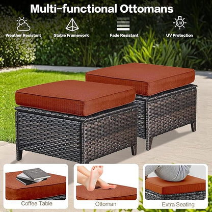 5 Pieces Outdoor Patio Furniture Conversation Set PE Rattan Wicker with a 3-Seater Sofa, 2 Armchairs, 2 Outdoor Ottomans for Yard Backyard (Brown/Orange)