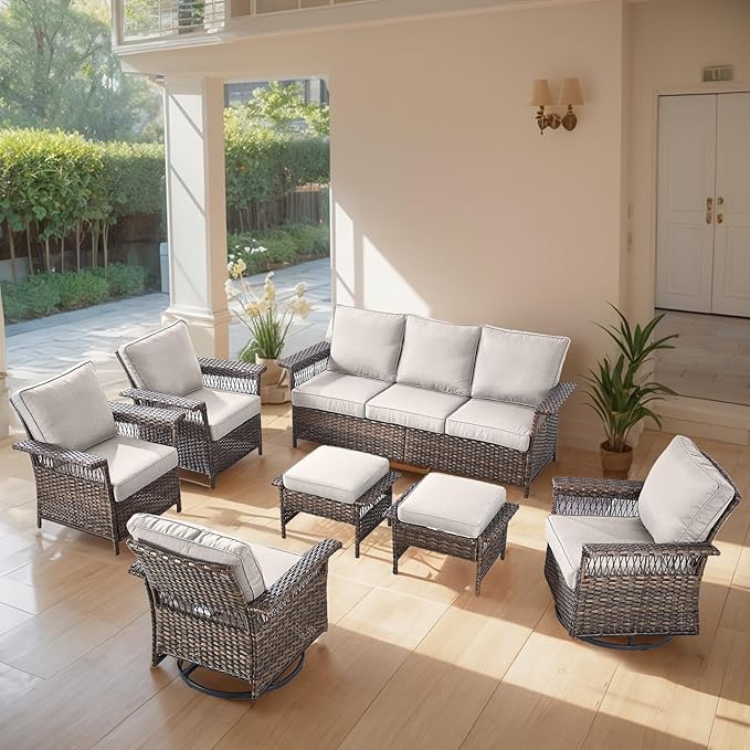 Patio Furniture Set 2 Wicker Swivel Glider Chairs 2 PE Rattan Chairs and 2 Ottomans with Beige Cushions Patio PE Rattan Side Table Brown Wicker Patio Conversation Set 7pcs