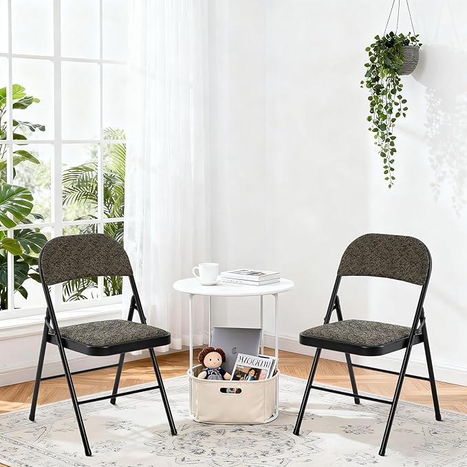 DUMOS 4 Pack Folding Chairs with Padded Cushion and Back - Fabric Stackable Portable Dining Chairs Set, for Home and Office, Conference, Wedding, Party, Patio, Garden, for Indoor Outdoor, Black Grey