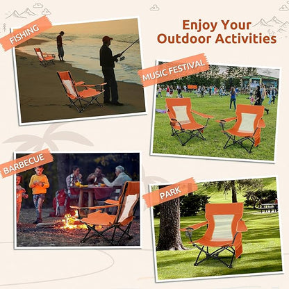 HaSteeL Folding Beach Chair Set of 2, Foldable Orange Camping Chairs for Outside, Low Beach Chair Portable for Adults Fishing, Picnic, Outdoor BBQ, Travel, Sports, Cup Holder & Storage Bag