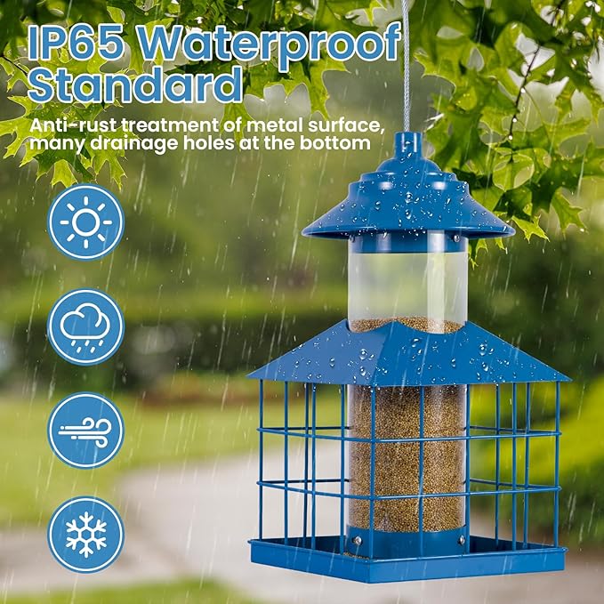 Squirrel Proof Bird Feeder, Hanging Metal Cage Bird Feeders for Outdoors, Weather Resistant Wild Bird Feeders with Finch Cardinal Chickadee, 3.4 LB Large Capacity,Blue