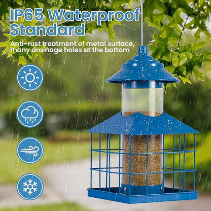 Squirrel Proof Bird Feeder, Hanging Metal Cage Bird Feeders for Outdoors, Weather Resistant Wild Bird Feeders with Finch Cardinal Chickadee, 3.4 LB Large Capacity,Blue