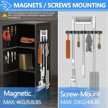 3-H Magnetic Broom Holder Wall Mount 2 Pack, 2-in-1 Dual Mount (No Drill or Screw Fix), 304 Stainless Steel Heavy Duty Magnet Mop Broom Organizer for Kitchen Garden Garage(3 Racks & 4 Hooks,Black)