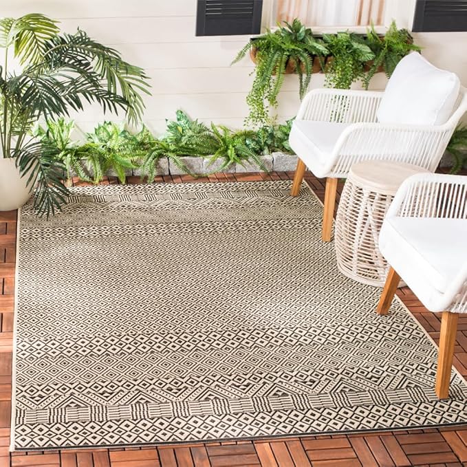 SAFAVIEH Washable Rug Outdoor Courtyard Collection - 6'7" x 9'6", Beige & Black, Non-Shedding & Easy Cleaning, Ideal for Patio, Backyard, Mudroom (CY6235-25612)