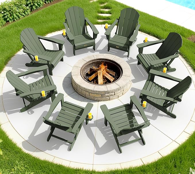 SERWALL Folding Adirondack Chair for Patio Garden, All-Weather Outdoors Chairs with Cup Holder, Wooden Textured Fire Pit Chairs for Poolside, Backyard, Lawn - Army