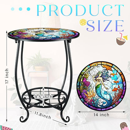 Cinnvoice Outdoor Side Table Round Small Mosaic Patio Accent Indoor End Plant Coffee Tea Table for Yard Patio Porch Garden Living Room, Bedroom(Mermaid Style,14 Inch)