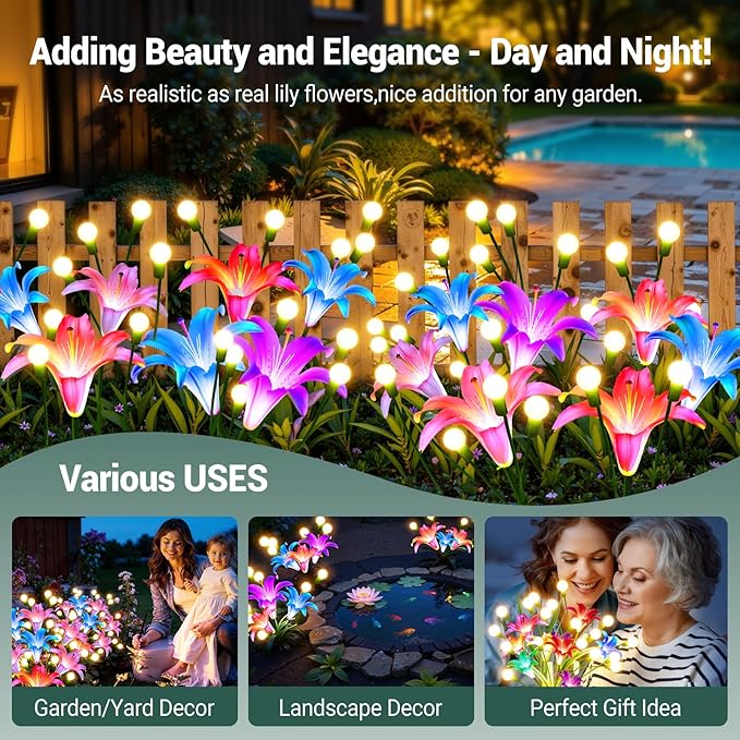 WdtPro Upgraded Solar Lights Outdoor Garden Decor: 8 Pack Solar Firefly Swaying Light with Color Changing LED Lily, Waterproof Decorative Flowers for Yard Patio Pathway Lawn, Gardening Gifts for Women