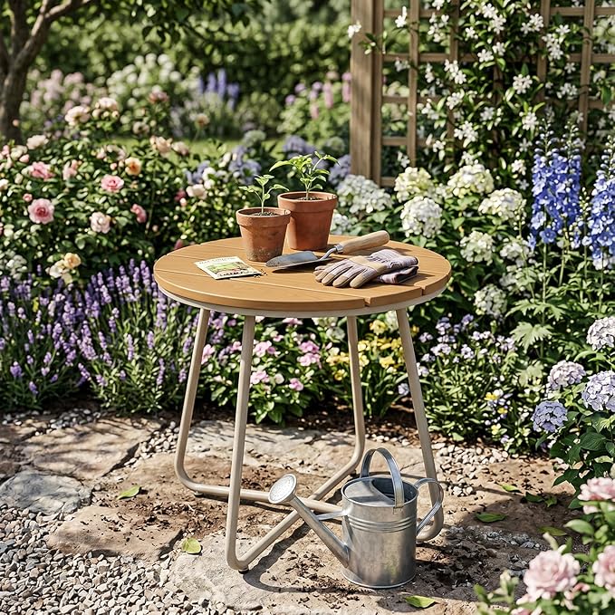 danpinera Outdoor Side Tables, HDPS Patio Table with Metal Legs, 18 Inch Outdoor Small Round Table for Garden, Backyard, Porch, Deck, Balcony, Poolside, Natural
