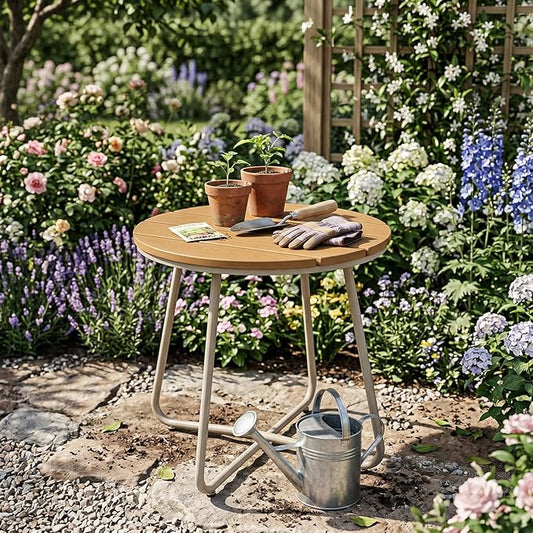 danpinera Outdoor Side Tables, HDPS Patio Table with Metal Legs, 18 Inch Outdoor Small Round Table for Garden, Backyard, Porch, Deck, Balcony, Poolside, Natural