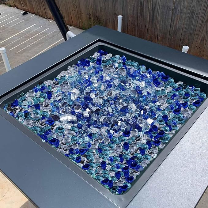 VEVOR Fire Glass, 10 LBS / 4.5 KG Fireplace Rocks, 1/2-Inch / 12.7 mm Reflective Firepit Glass Rock, High Luster & Smokeless Stone Landscaping for Fire Pit Table, Cobalt Blue + Aqua Blue + Clear