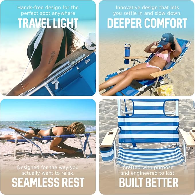 Ostrich the Original 3N1 Lightweight Beach Reclining Lounge Chair with Footrest, Outdoor Furniture for Patio, Balcony, Backyard, or Porch, Blue Stripe