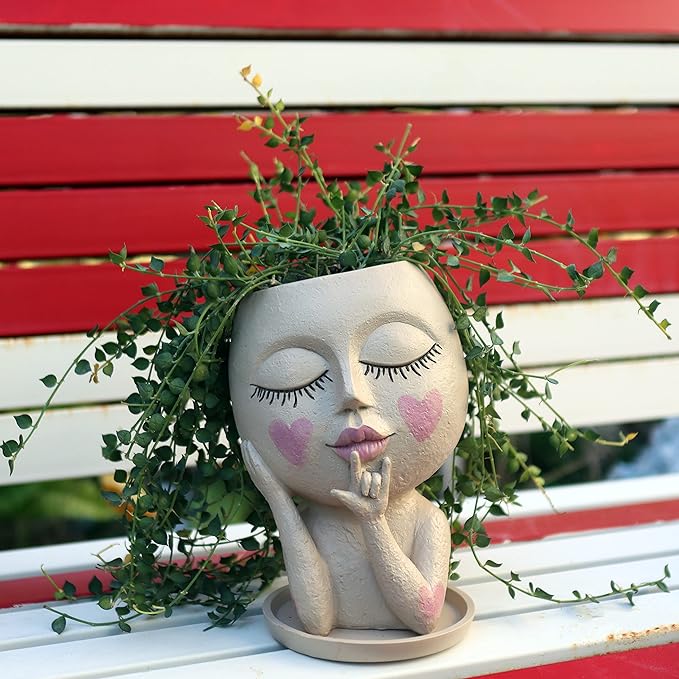 Face Flower Pots Head Planter, Dolkgy Cute Resin Planters for Indoor Outdoor Plants, Macetas Para Plantas Unique Head Plant Pot Face Vase