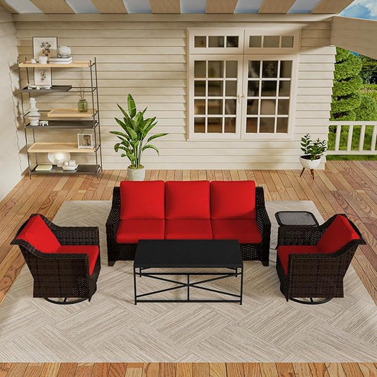 Vista Vibe 5 Pieces Outdoor Rattan Patio Conversation Furniture Set - 78" 3-Seat Sofa | 2 Swivel Glider Rocker Chairs | Wicker End Table | Metal Table, Upholstered Loveseat, Deck (Brown/Red)