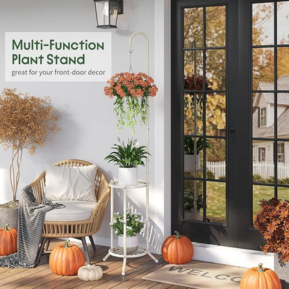 2-Tier Hanging Plant Stand Indoor and Outdoor , Space-Saving Iron Planter Shelves, Multiple Flower Pot Display Holder Shelf with Hanging Hook, Corner Plant Stands (White)