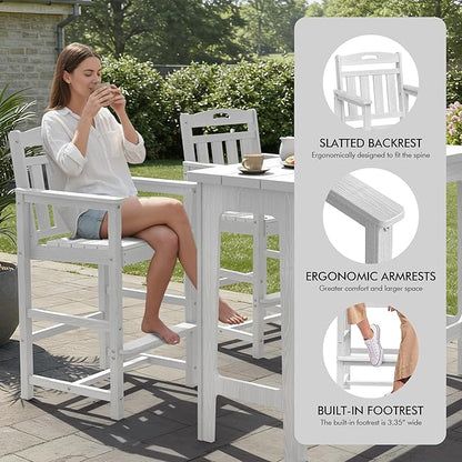 Ciokea Heavy-Duty Outdoor Bar Set, Rectangle High Top Table and 2 Oversized Adirondack Chairs Set, HDPE Modern Patio Bar Set for Outside Bistro Backyard Balcony Deck Outside, White