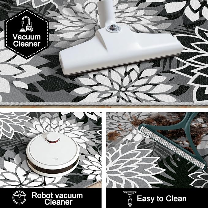 3x5 Washable Rug for Living Room Tropical Botanical Modern Floral Chenille Area Rugs Low Pile Non Slip Carpet for Patio, Bedroom, Laundry, Black