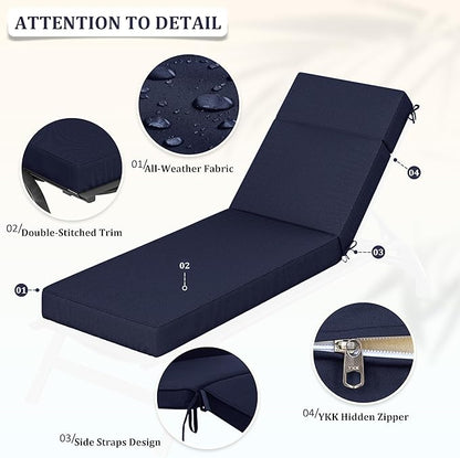 Chaise Lounge Cushions Outdoor, 72" L X 21" W X 4" D Lounge Chair Cushions for Outdoor Furniture, High-Density Foam Outdoor Chaise Cushion-Waterproof Fade-Resistant ThickPatio lounge chair cushion