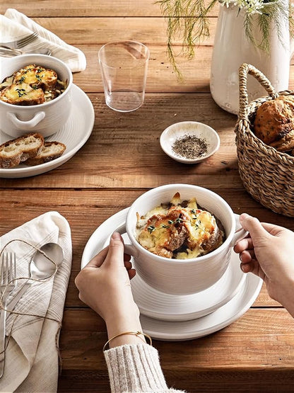 LE TAUCI French Onion Soup Bowls with Handles, 28 oz Large Oven Safe Ceramic Soup Crocks for Chilli, Beef Stew & Pot Pies, Stackable, Dishwasher Safe, Set of 4, White