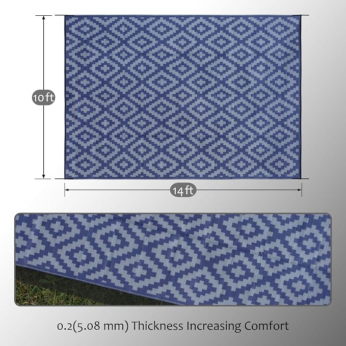 SAND MINE Reversible Mats, Plastic Straw Rug, Modern Area Rug, Large Floor Mat and Rug for Outdoors, RV, Patio, Backyard, Deck, Picnic, Beach, Trailer, Camping, Dark Blue & Grey, 10' x 14'