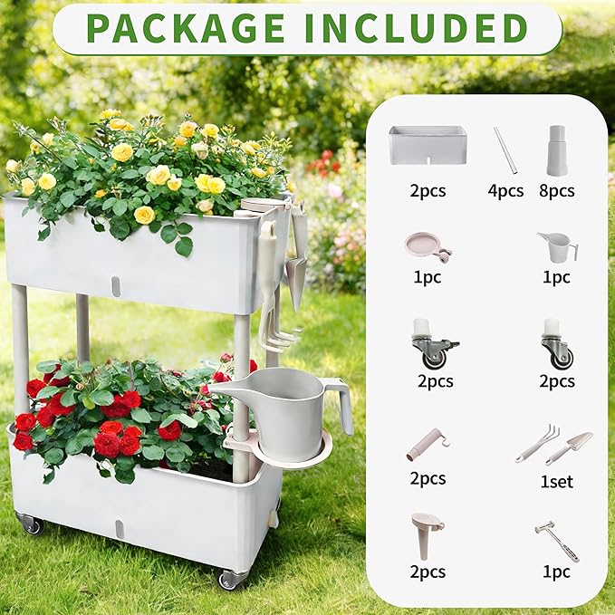 MNKXL Self-Watering Raised Planter Box with Lockable Wheels,2-Tier Elevated Garden Bed with Visible Water Level Window,Indoor Outdoor Plastic Plant Box for Flowers,Vegetables & Herbs