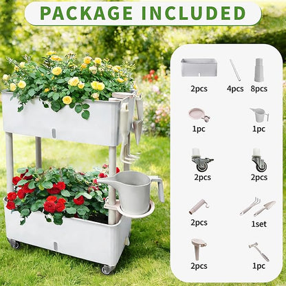 MNKXL Self-Watering Raised Planter Box with Lockable Wheels,2-Tier Elevated Garden Bed with Visible Water Level Window,Indoor Outdoor Plastic Plant Box for Flowers,Vegetables & Herbs