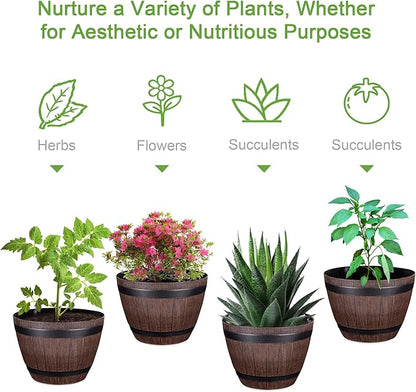 VECELO Plant Pots with Drainage Holes & Saucer, 9/11.3/13 Inch Flower Pots with Tray, 3 Pack Plastic Whiskey Barrel Planters for Indoor & Outdoor Garden Home Plants and Flowers