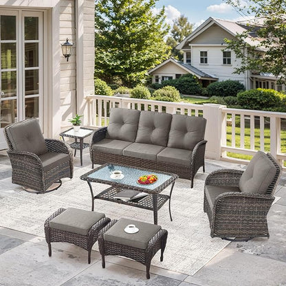 7 Pieces Outdoor Patio Furniture-Swivel Patio Chairs Set of 2 Outdoor Wicker Rattan Sofa Couch with Ottoman Outdoor Conversation Set for Deck Porch Garden Balcony Poolside-Brown/Grey